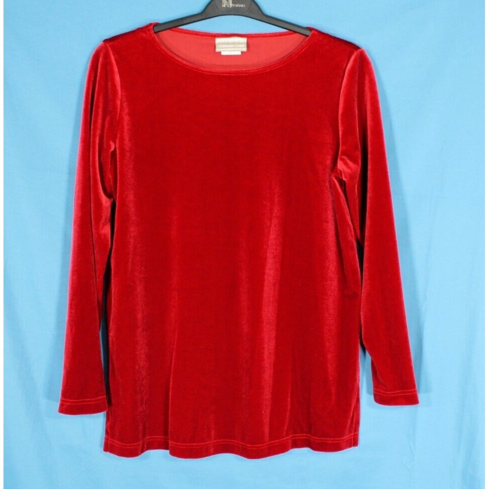 COLDWATER CREEK Vtg VELVET/VELOUR Dark Red SIDE SLITS Pullover BLOUSE/TOP Sz S
